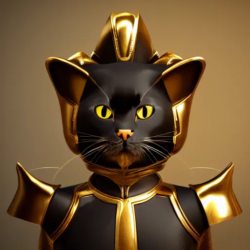 Image similar to a black cat wearing a gold armor outfit, a character portrait by hanns katz, shutterstock contest winner, afrofuturism, sci - fi medieval fantasy, 3 d render