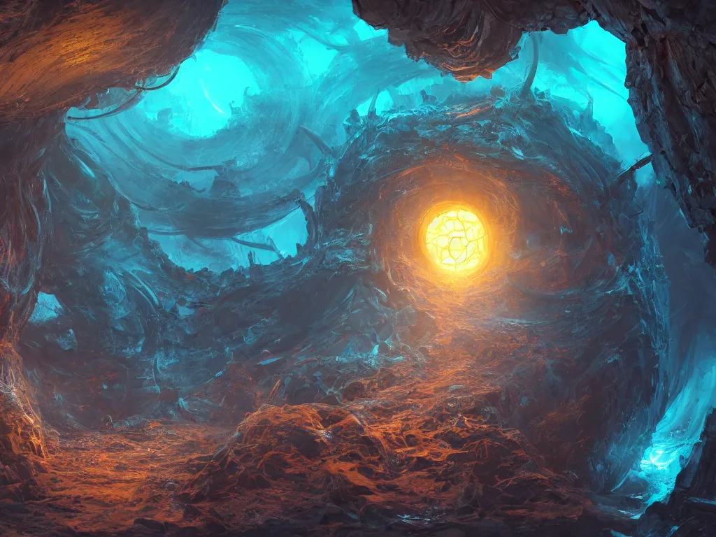 Prompt: a portal to the depths, highly detailed, cinematic lighting, symmetry, 8K, 16K, hypermaximalist, CGsociety, trending on artstation, Noah Bradley, André Le Nôtre, otherworldly, OctaneRender, realistic, 8k texture, HD, post production, psychedelic black light