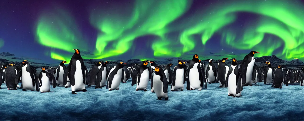 Image similar to a group of penguins watching the aurora borealis, large scale, breathtaking, mixed media, digital art, trending on artstation, 8k, epic composition, highly detailed, AAA graphics