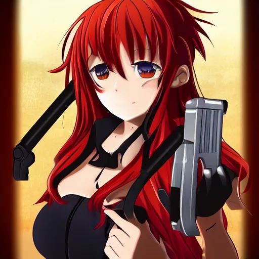 Prompt: redhead anime girl holding a revolver