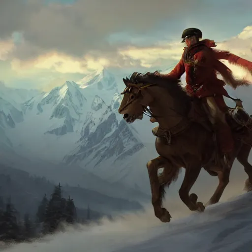 Prompt: Napoleon Crossing the Alps, riding a wolf, atmospheric lighting, by Makoto Shinkai and Ruan Jia