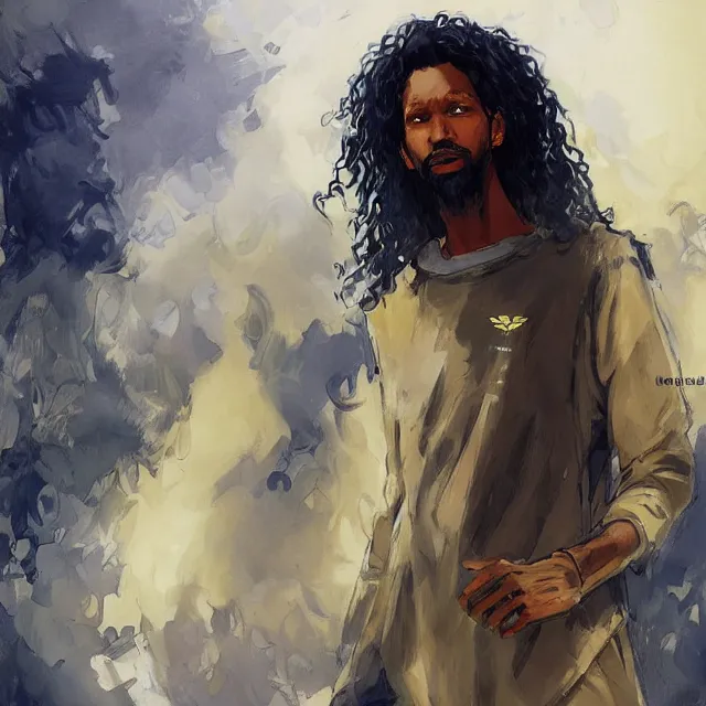 Image similar to a somali man with long curly hair, wearing adidas clothing, anime style, portrait, elegant, intricate, digital painting, artstation, concept art, smooth, sharp focus, illustration, art by konstantin korovin and daniel f. gerhartz and john howe