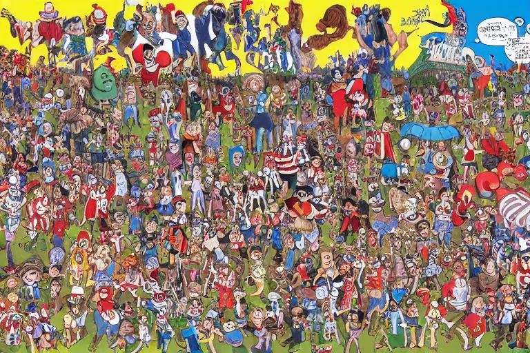 Prompt: an elaborate penned child illustration of an assortment of waldo's in new york city and central park hiding in difficult places, where's wally, where's waldo, carnival, zoo, pond, by martin hand ford and by jan van haasteren and simon bisley, jack kirby