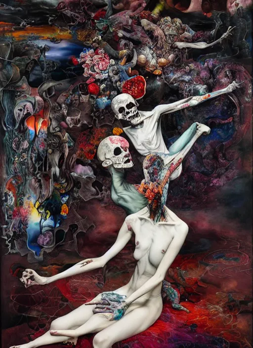 Image similar to death is not mercurial it's patient unlike life, a brutalist designed, gothic, rich deep colours, painted by francis bacon, julie heffernan, glenn brown, adrian ghenie, james jean and petra cortright, part by gerhard richter, part by takato yamamoto. a surrealist painting, 8 k masterpiece.