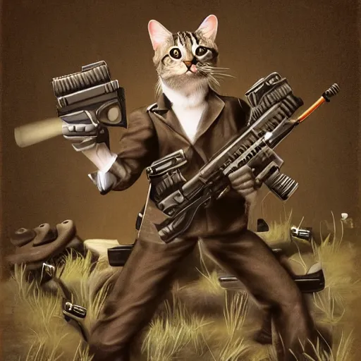 Prompt: photograph of a realistic anthropomorphic cat with lots of guns