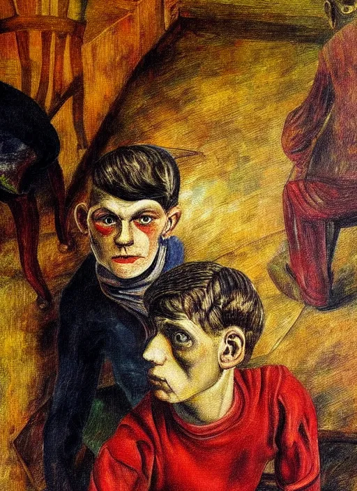 Image similar to detailed painting of a boy in a hall by otto dix, rich deep colors. masterpiece