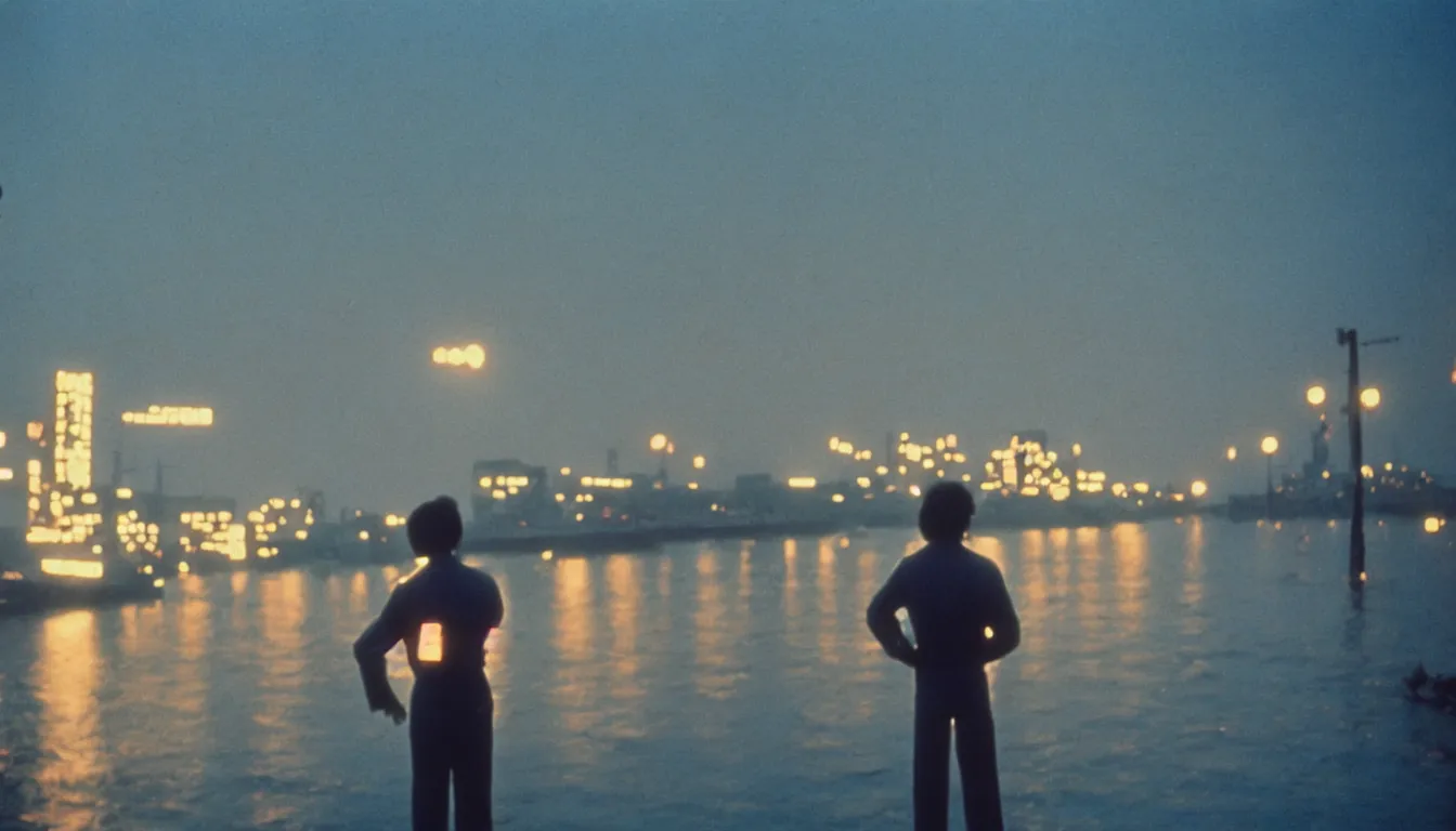 Image similar to 80s asian neon movie still with a portrait of a ghost standing on a pier by the river on early morning with bright city lights behind his back, many birds in the sky, medium format color photography, movie directed by Kar-Wai Wong, hyperrealistic, photorealistic, high definition, highly detailed, tehnicolor, anamorphic 50mm lens