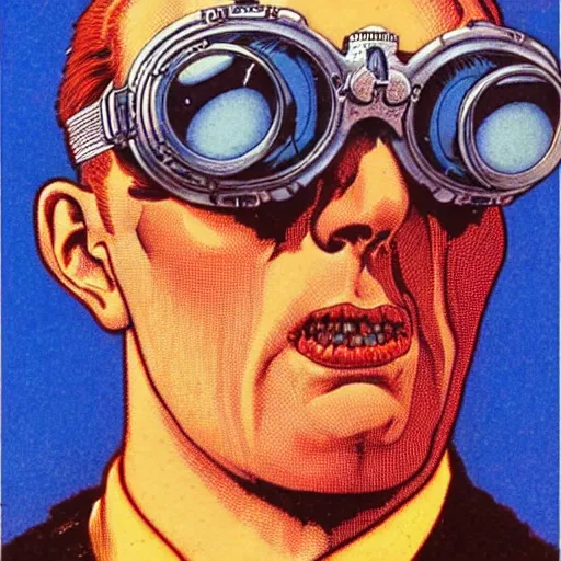 Image similar to a eccentric cybergoth guy wearing goggles and eclectic jewelry, small details, aesthetic!!!, by virgil finlay, by moebius,