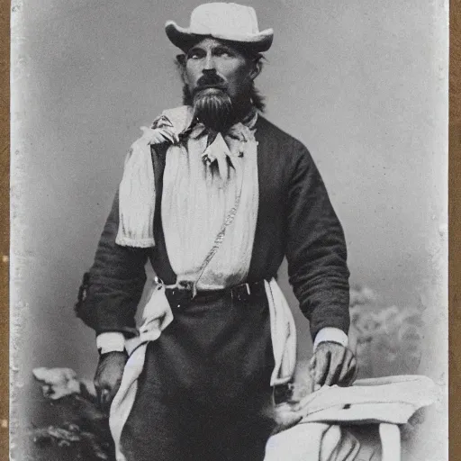 Image similar to A 1900 photography of a colonial explorer wearing bauhaus cloth next to a eagle