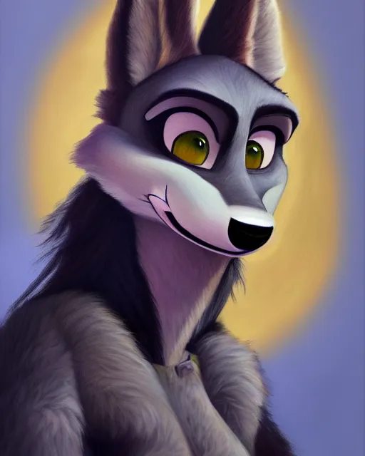 Image similar to oil painting of anthromorphic female wolf, in style of zootopia, female fursona, furry, furaffinity, 4 k, deviantart, furry art, fursona art, wearing black business suit, business suit, wolf fursona, female, very expressive detailed feminine face,