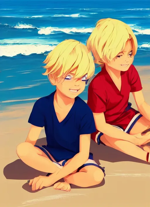 Image similar to two little boys with tousled blonde hair sitting on a beach. clean cel shaded vector art. shutterstock. behance hd by lois van baarle, artgerm, helen huang, by makoto shinkai and ilya kuvshinov, rossdraws, illustration, art by ilya kuvshinov