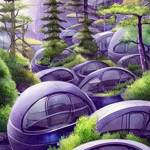 Image similar to beautiful happy picturesque charming sci - fi organic pod - like homes of the future in a beautiful natural scene. water, trees and rocks. beautiful light. soft colour scheme. beautiful artistic detailed watercolor by lurid. ( 2 0 2 2 )