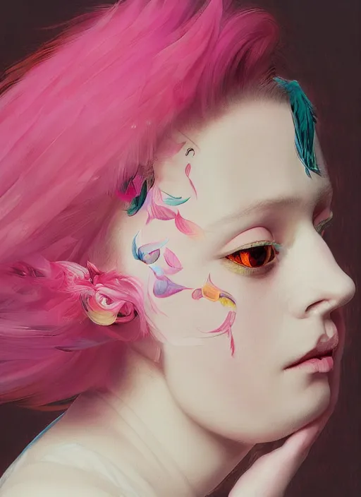 Prompt: beautiful little girl with an pink eccentric haircut wearing an dress made of feathers dancing on stage, artwork made by ilya kuvshinov, inspired in donato giancola and balthus, hd, ultra realistic, reflection, flowers, light, realistic face, bird tattoo, trending on pixiv, 8 k, ray tracing, glorious