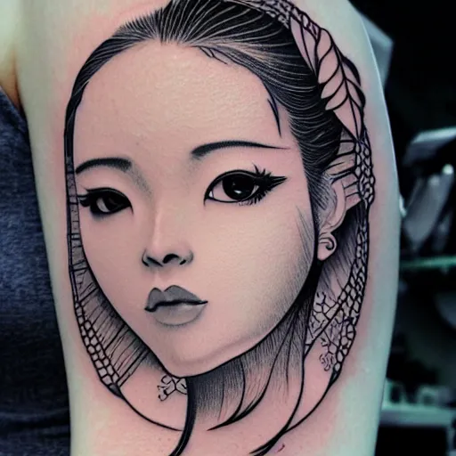 Image similar to tattoo design, stencil, traditional Japanese, beautiful portrait of a girl by artgerm, artgerm