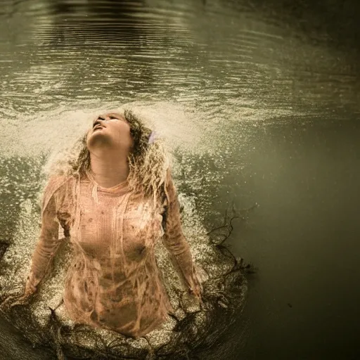 Image similar to a dramatic photo of a woman drowning in roots