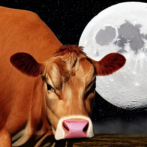 Image similar to ultra realistic cow jumping over the moon