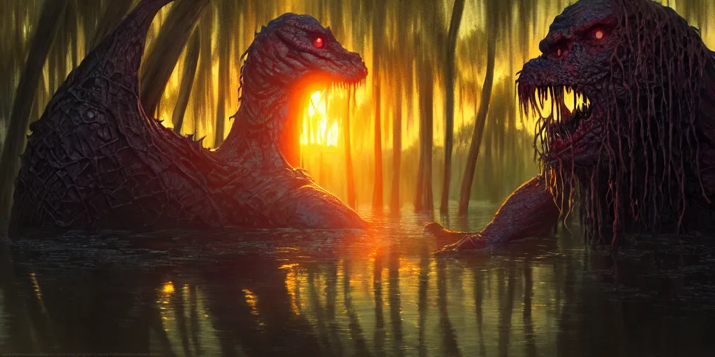 Image similar to a close up, swamp monster with red eyes, emerging from the lagoon at sunset, volumetric lighting, highly detailed, digital painting, artstation, concept art, matte, sharp focus, illustration, art by artgerm and greg rutkowski and alphonse mucha