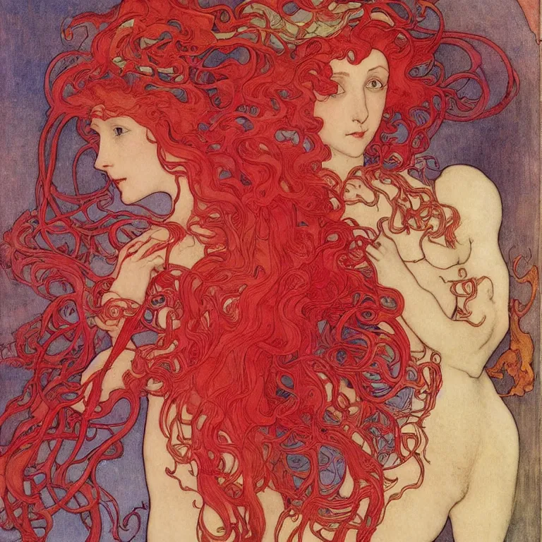 Prompt: Woman with red hair in a red dress standing in a pink room Anton Pieck,Jean Delville, Amano,Yves Tanguy, Alphonse Mucha, Ernst Haeckel, Edward Robert Hughes,Stanisław Szukalski and Roger Dean