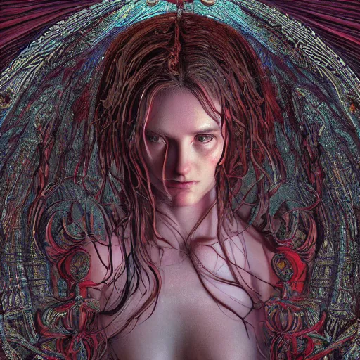 Image similar to Photorealistic beautiful demon goddess in the style of Michael Whelan and Gustave Dore. Hyperdetailed photorealism, 108 megapixels, amazing depth, glowing rich colors, powerful imagery, psychedelic Overtones, 3D finalrender, 3d shading, cinematic lighting, artstation concept art
