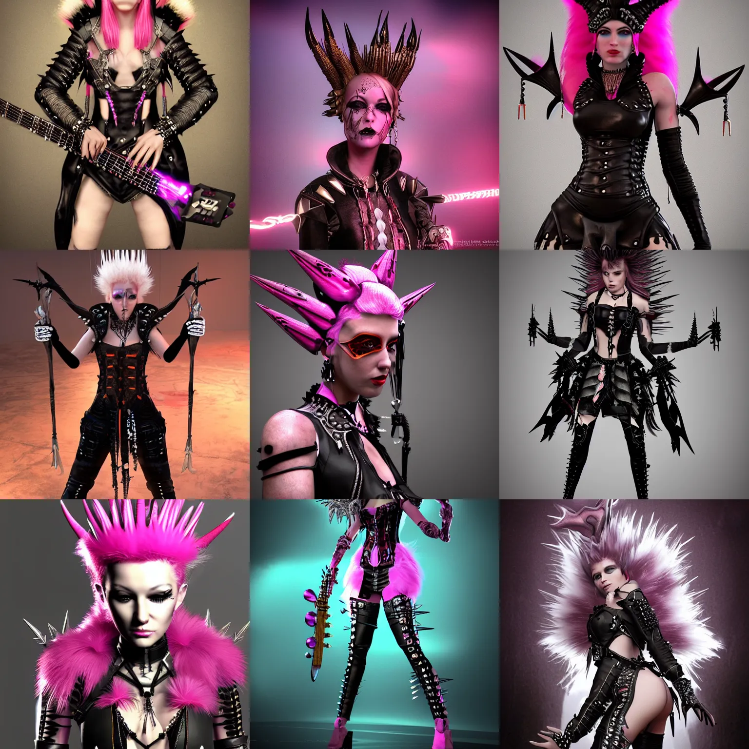 Prompt: masterwork-concept-digital-art for Unreal-Engine 5, 8k, HUHD-macro3d-rendered of a beautiful anatomically-symmetrical-and-correct punk-rock-princess clad in a leather princess outfit with spikes, a bass-guitar strung over her shoulder, flashing the devil horns with her hand, Big pink mohawk. intricate, elegant, highly detailed Total badass HYPER-FIDELITY art by BROM