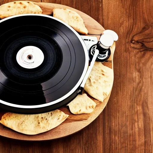 Prompt: a turntable playing a pita bread, product photography