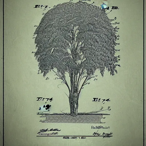 Image similar to patent drawing of a willow tree. 8k resolution.