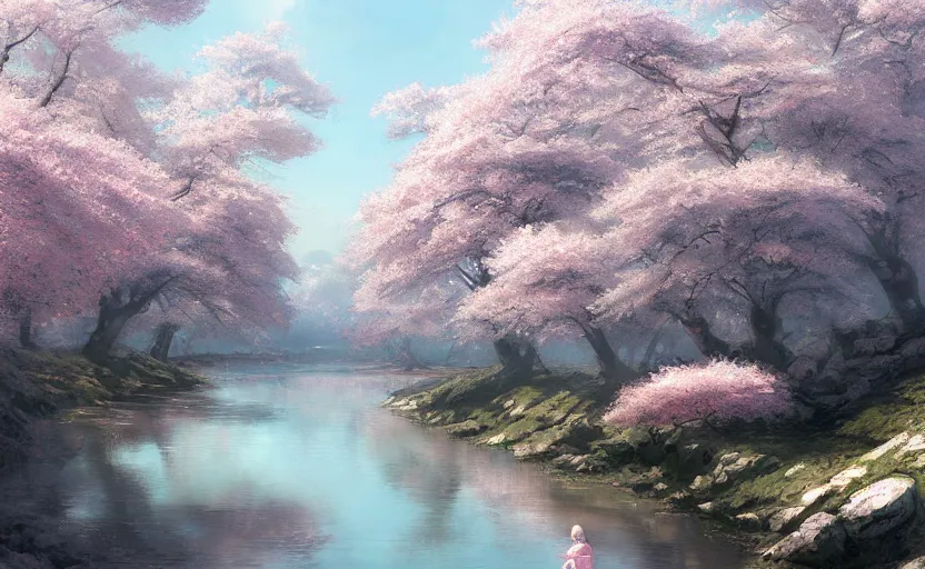 Prompt: japanese cherry blossom trees by a river, fantasy digital painting by greg rutkowski, by james gurney, trending on artstation, highly detailed