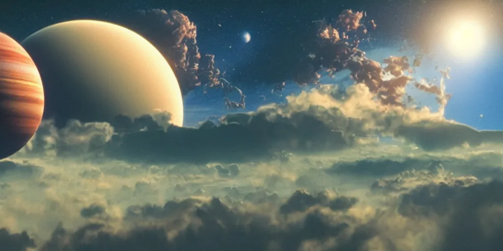 Image similar to blue dreamy cloudscape with a single planet in the clouds, ringed planet, daylight, cinematic lighting, cinematic perspective, syd mead, john harris, federico pelat,
