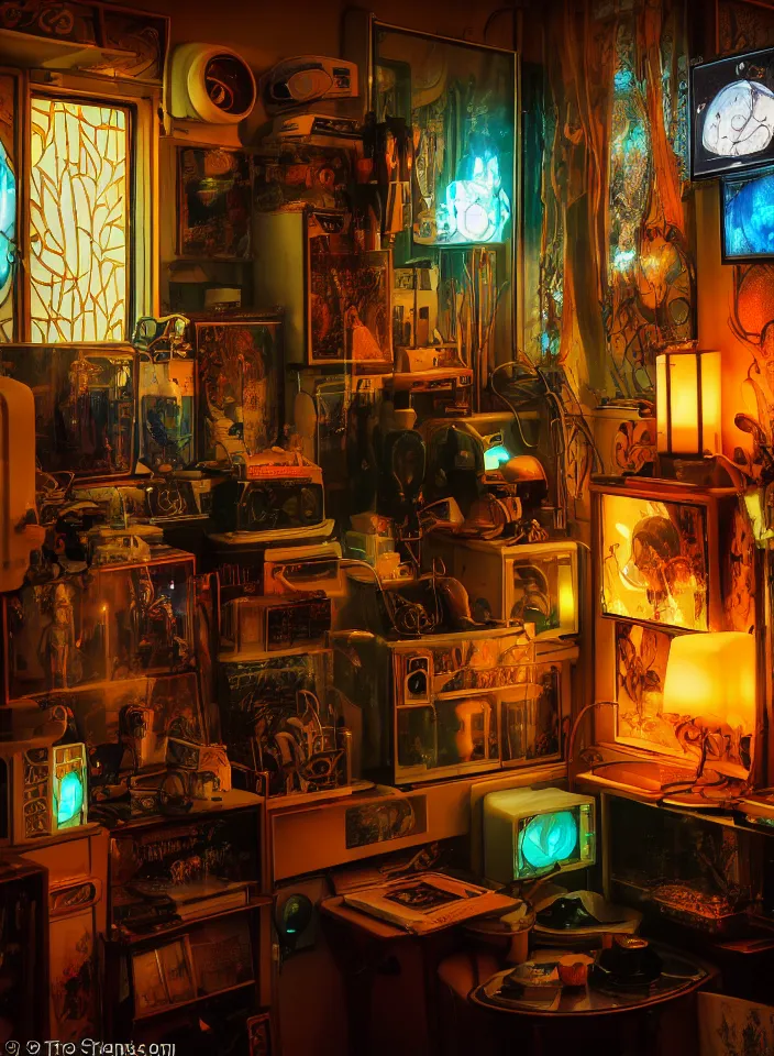 Image similar to telephoto 7 0 mm f / 2. 8 iso 2 0 0 photograph depicting the feeling of chrysalism in a cosy cluttered french sci - fi art nouveau cyberpunk apartment in a dreamstate art cinema style. ( ( computer screens ( ( ( fish tank ) ) ) ) ), ambient light.