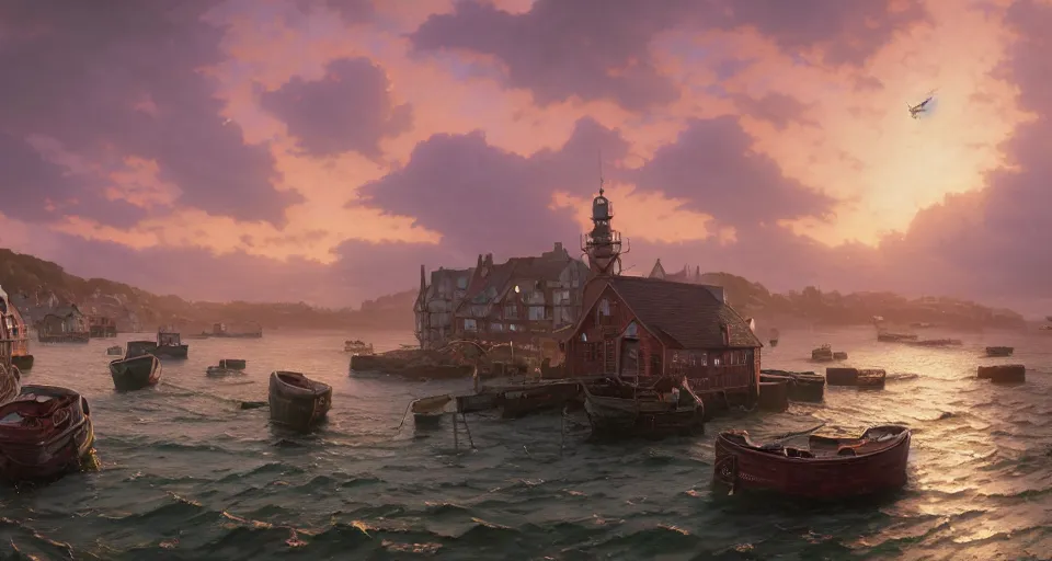 Image similar to highly detailed victorian cornish fishing village, stephen bliss, unreal engine, greg rutkowski, loish, rhads, beeple, makoto shinkai and lois van baarle, ilya kuvshinov, rossdraws, tom bagshaw, tom whalen, alphonse mucha, global illumination, god rays, detailed and intricate environment