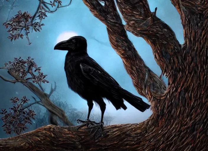 Prompt: a hyper-detailed fantasy wallpaper book cover, portrait of a crow on a tree in front of the full big moon; an extraordinary masterpiece!!!; flawless; proud posture; photorealistic eyes; trending on artstation; f/1.4; 90mm