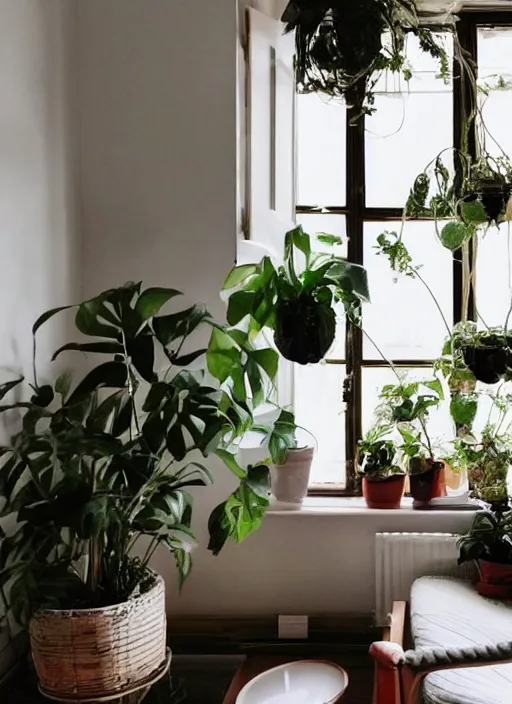 Prompt: a photo of a cosy warm room, warm light, houseplants, vines