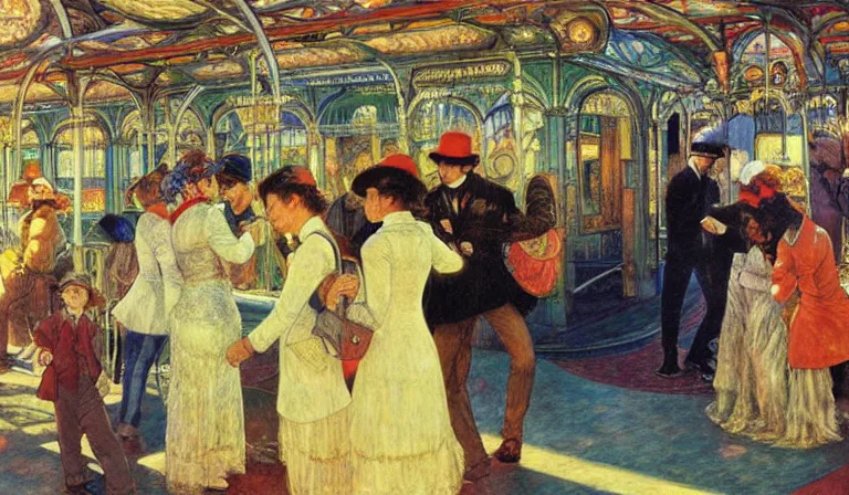 Image similar to A disco train station, by Moebius, Renoir, Mucha