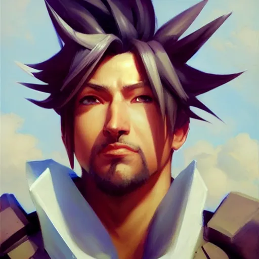 Image similar to Greg Manchess portrait painting o Cloud Strife as Overwatch character, medium shot, asymmetrical, profile picture, Organic Painting, sunny day, Matte Painting, bold shapes, hard edges, street art, trending on artstation, by Huang Guangjian and Gil Elvgren and Sachin Teng