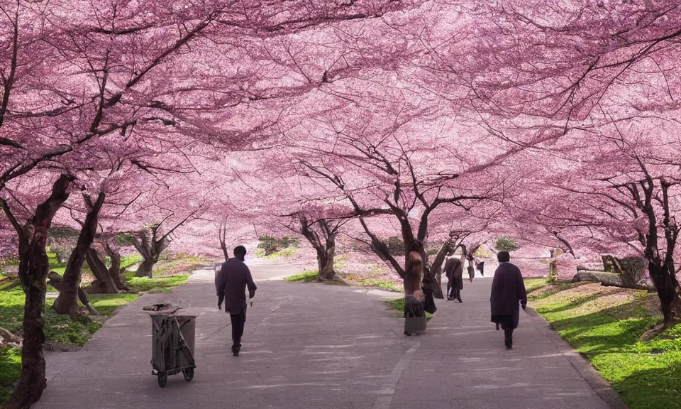 Image similar to WALK AMONG THE CHERRY BLOSSOMS, Old Japanese Farmer pushing cart down path of gigantic pink cherry blossom trees, by Roger Deakins and Moebius and Alphonse Much and Guweiz, Intricate details, very realistic, cinematic lighting, volumetric lighting, photographic