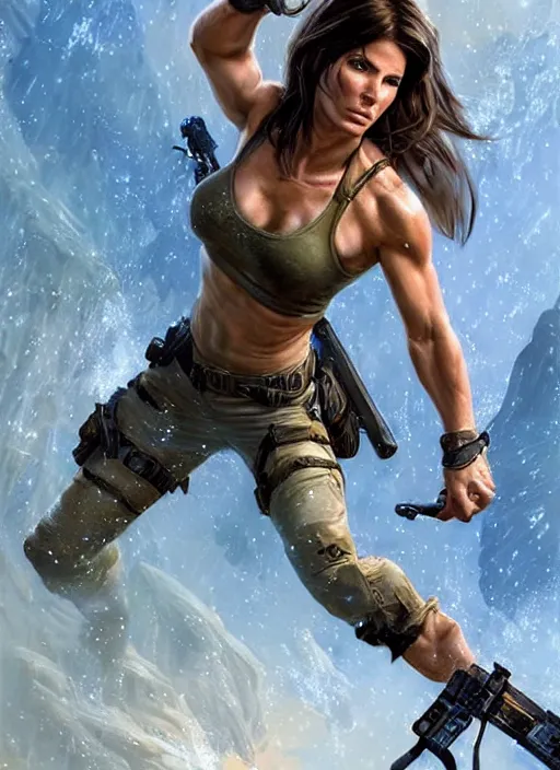 Prompt: muscled Sandra Bullock as Lara Croft as a ruggedly handsome heroine jumping off a glowing artifact lodged in shallow water, intricate, elegant, highly detailed, artstation, concept art, smooth, sharp focus, illustration, bokeh art by artgerm and donato giancola and Joseph Christian Leyendecker, WLOP, fireflies, distant snowstorm