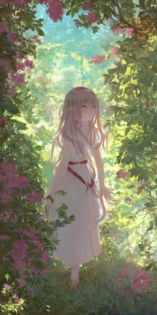 Image similar to a digital art of a loli with long hair in a dress in the privet garden at after noon, green and warm theme, back lighting, by krenz cushart and mucha and akihito yoshida and greg rutkowski and makoto shinkai, extremely long shot, detailed eyes, 4 k resolution, trending on art station