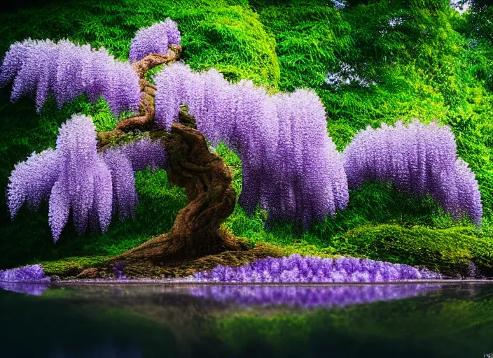 Prompt: a small wisteria tree on an island in a river in an underground cave. fantasy magic style. highly detailed 8 k. intricate. lifelike. soft light. sony a 7 r iv 5 5 mm. cinematic post - processing