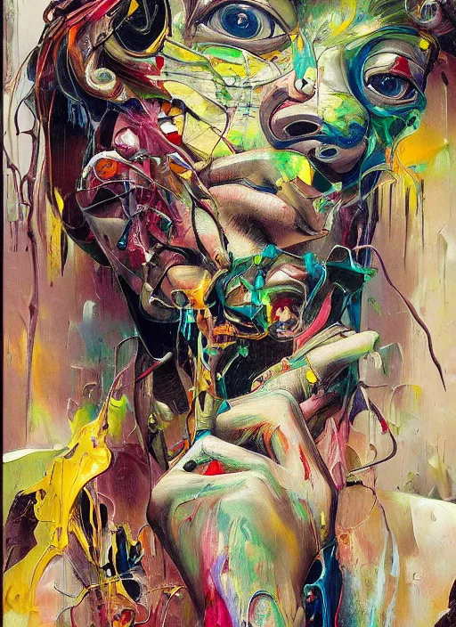 Image similar to abstract expressionism oil painting intertwined with a mutant biomorphic posthuman human head, spray paint texture, drips, impasto paint, 3 d graffiti texture, brushstrokes, abstract, highly detailed, hyperealistic fresh paint, harmonious, chaotic, colorfull, in the style of alphonse mucha