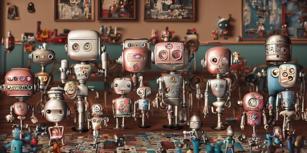 Image similar to closeup portrait of tin toy retro living room of robot family, depth of field, zeiss lens, detailed, centered, fashion photoshoot, by nicoletta ceccoli, mark ryden, lostfish, breathtaking, 8 k resolution, extremely detailed, beautiful, establishing shot, artistic, hyperrealistic, octane render, - h 8 0 4