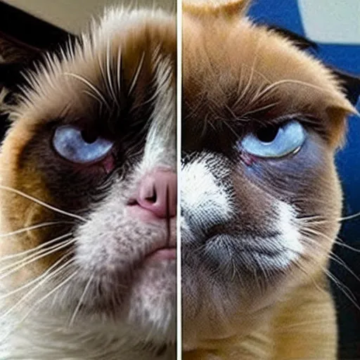 Image similar to grumpy cat versus Doge