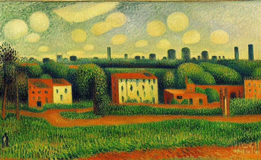 Prompt: geometric painting of industrial buildings surrounded by undergrowth by camille pissarro