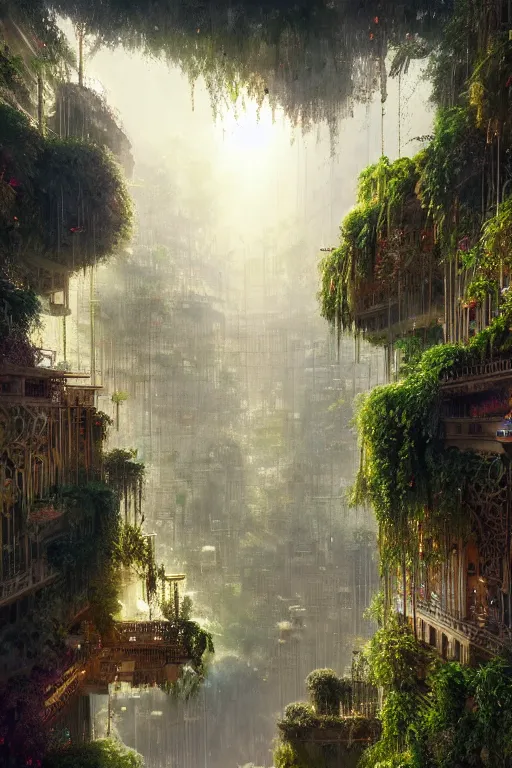 Prompt: magnificent view of the hanging gardens of babylon, intricate, elegant, volumetric lighting, digital painting, highly detailed, artstation, sharp focus, illustration, concept art, ruan jia, steve mccurry