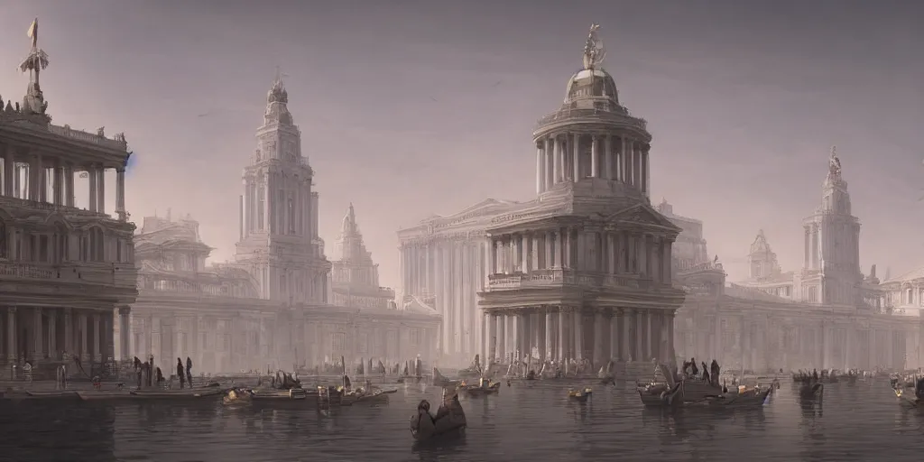 Prompt: neo - classical train station of massive proportions in a floating city, towering statues in the distance, illustration by yoann lossell, raphael lacoste