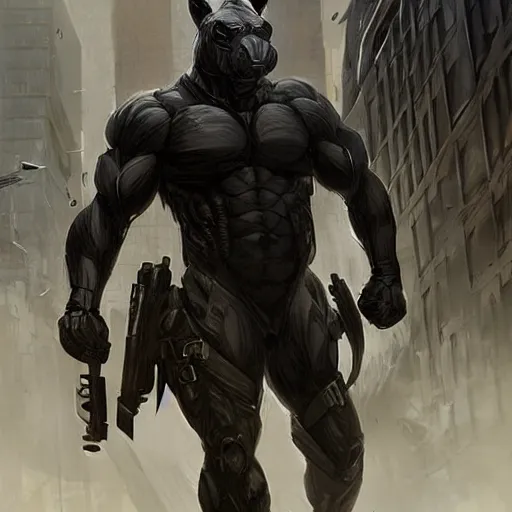 Prompt: a massive musclebound black - coated male anthro horse wearing a tactical outfit in a city warzone, equine, highly detailed, digital painting, artstation, sharp focus, smooth, concept art, illustration, art by artgerm, greg rutkowski, wlop