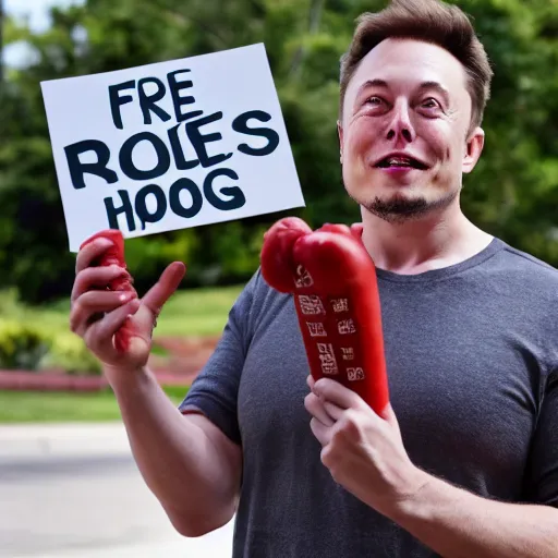 Image similar to Elon Musk holding a sign saying Free Hotdogs, highly detailed, high quality, HD, 4k, 8k, Canon 300mm, professional photographer, 40mp, lifelike, top-rated, award winning, realistic, sharp, no blur, edited, corrected, trending