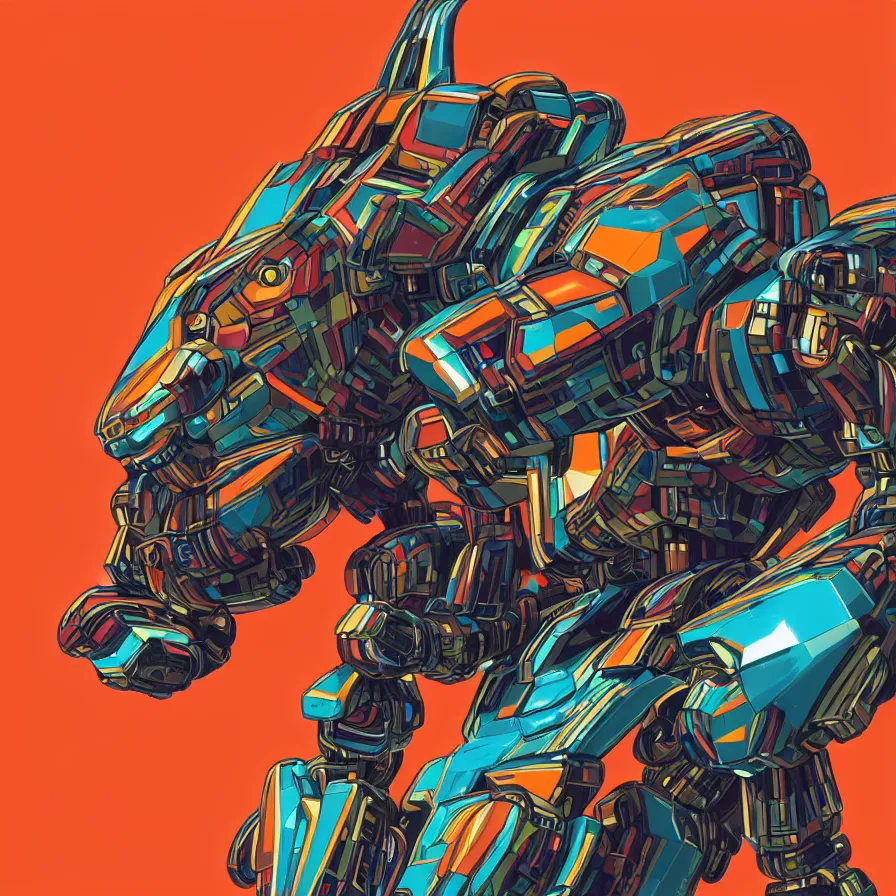 Image similar to a hypermaximalist overdetailed antropomorphic humanoid mecha or android with a hed of a lynx, tiger, or lion. lowbrow color palette. artwork by subjekt zero