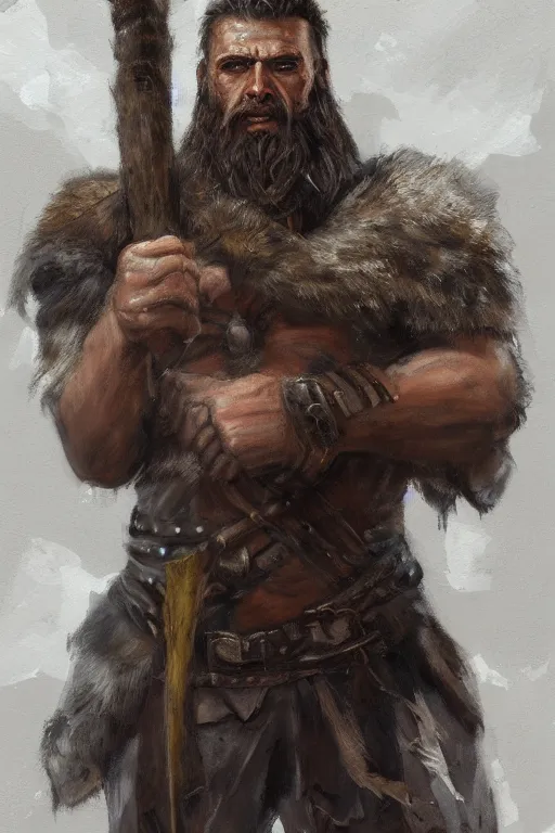 Image similar to a full body fantasy portrait oil painting illustration of a single rugged stoic barbarian man by Justin Sweet with face and body clearly visible, d&d, rpg, forgotten realms, artstation trending, high quality, sombre mood, artstation trending, muted colours, no crop, entire character,