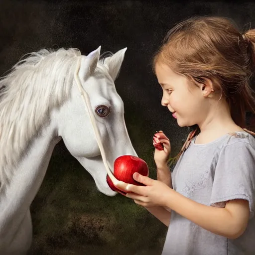 Image similar to a portrait of a little girl feeding an apple to a skeleton horse, the girl looks happy and have bright eyes and a porcelain face, matte painting 3 d watercolour rendering,