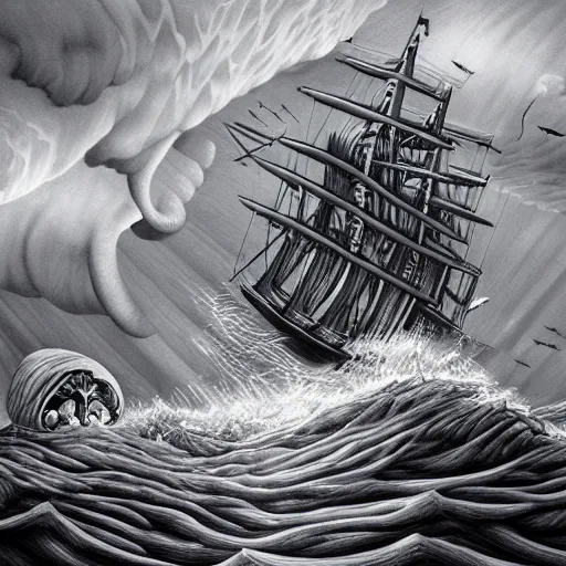 Prompt: a highly detailed hyperrealistic scene of a ship being attacked by giant squid tentacles, jellyfish, squid attack, dark, voluminous clouds, thunder, stormy seas, pirate ship, dark, high contrast, artgerm, soft focus, sharp, MC Escher, bright light